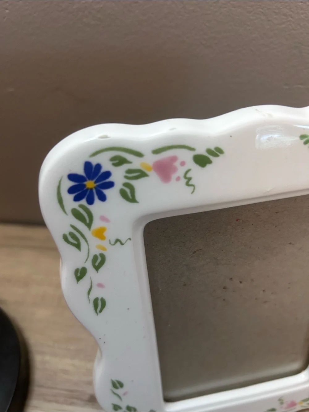 Vintage White Ceramic Frame with Blue and Pink Floral Accents